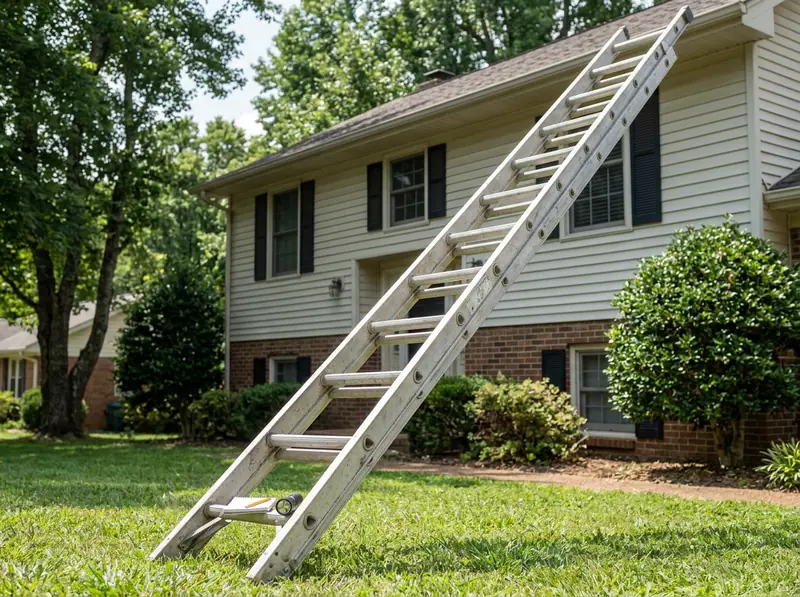 Roof and Soffit Inspection From a Ladder | Music City Wildlife A ladder leaning against the eave of a Tennessee two-story home beside a flashlight and a notepad resting on the lower rung, bright daylight, no people.
